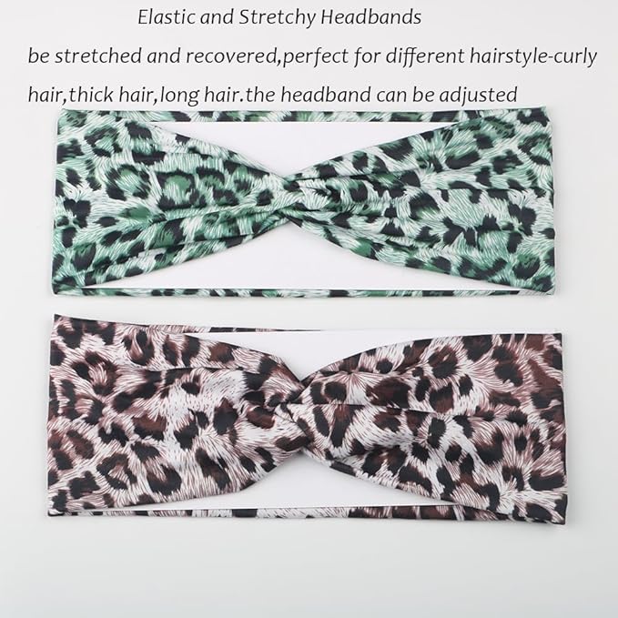 6PCS Leopard Boho Headbands for Women,Elastic Stretchy Boho Criss Cross Head Wrap, Wide Top Knot Turban Hair Band