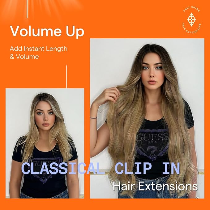 Full Shine Hair Extensions Clip ins Long Ombre Dark Brown to Light Brown Highlights Caramel Blonde Natural Hair Extensions Human Hair 120 G 7 Pcs