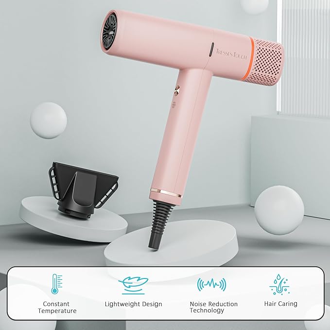 Ionic Hair Dryer with Diffuser and Concentrator, Professional Lightweight Quiet Blow Dryer, Powerful 1600 Watt Motor for Fast Drying and Straight & Wavy Hair, 3 Temps/2 Speeds, 6.56 Ft Cord, Pink