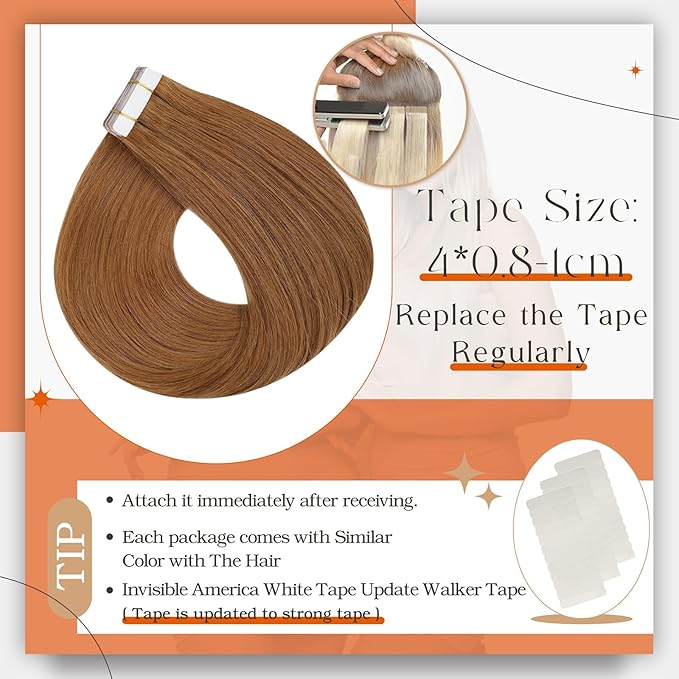 Full Shine Hair Extensions Tape in Color 330 Copper Brown Tape in Human Hair Extensions 24Inch 100Gram 40Pcs Long Straight Seamless Skin Weft Brazilian Remy for Wedding Add Length