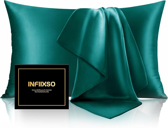 INFIIXSO Silk Pillow Cases 2 Pack Standard Size, Ultra Smooth & Soft Mulberry Silk Pillow Case for Hair and Skin, Breathable Cooling Silk Pillowcase with Hidden Zipper (Teal, 20x26 Inches)