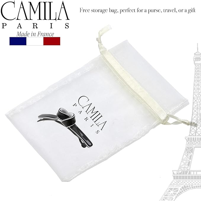 Camila Paris CP3358 French Hair Barrette Clip for Girls, Handmade, Black/White, Metal-Free Closure Strong Hold Grip Hair Clips for Women, No Slip Durable Styling Girls Hair Accessories, Made in France