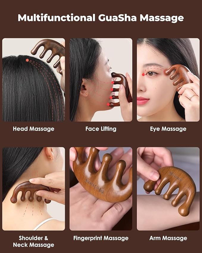 Sandalwood Gua Sha Massager, Meridians Massager, Scraping Massage Comb, for Hair Growth & Body Relief