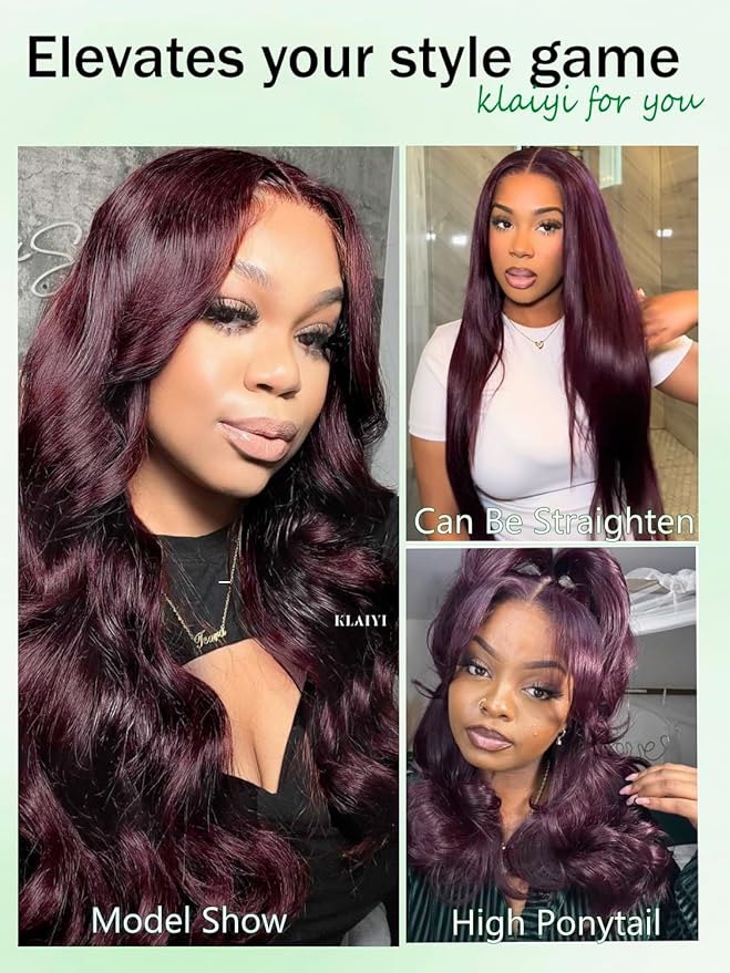 KLAIYI Black Cherry Loose Body Wave Pre Eeverything 13x4 Lace Frontal Wigs Human Hair Bye Bye Knots Glueless Ready to Wear and Go Wig with Face Framing Bangs Drawstring Pre Plucked Burgundy Wig 18Inch