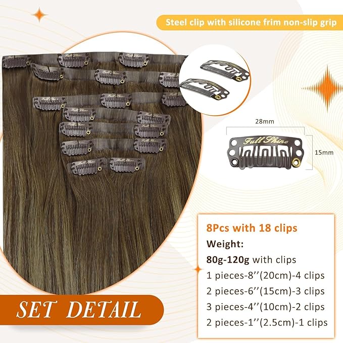 Full Shine Brown Balayage Seamless Clip in Hair Extensions Medium Brown Balayage with Honey Blonde Clip in Extensions for Women Straight Hair 20 Inch 120G 8 PCS