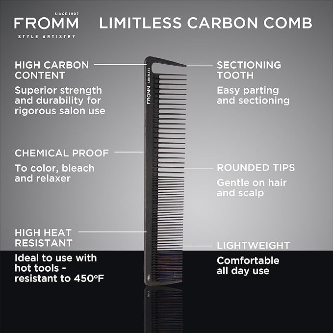 Fromm Limitless 7.5" Carbon Basin Comb with Rounded Tips and Sectioning Tooth for Cutting, Sectioning, Styling, and Detangling, Heat Resistant to 450°F