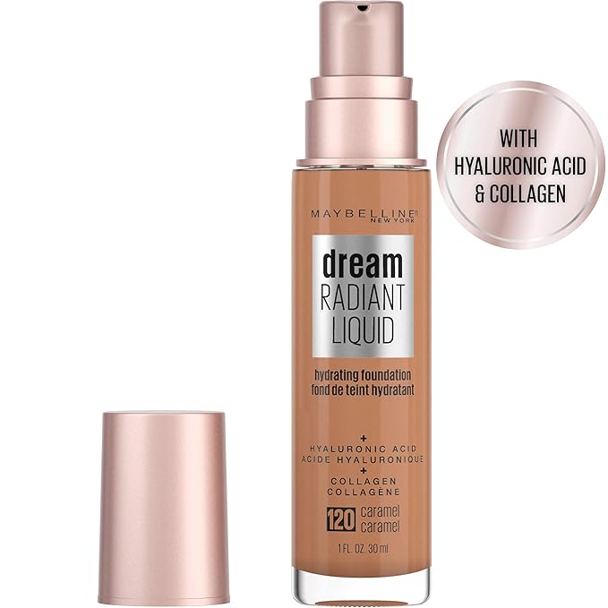 Maybelline Dream Radiant Liquid Medium Coverage Hydrating Makeup, Lightweight Liquid Foundation, Caramel, 1 Fl; Oz