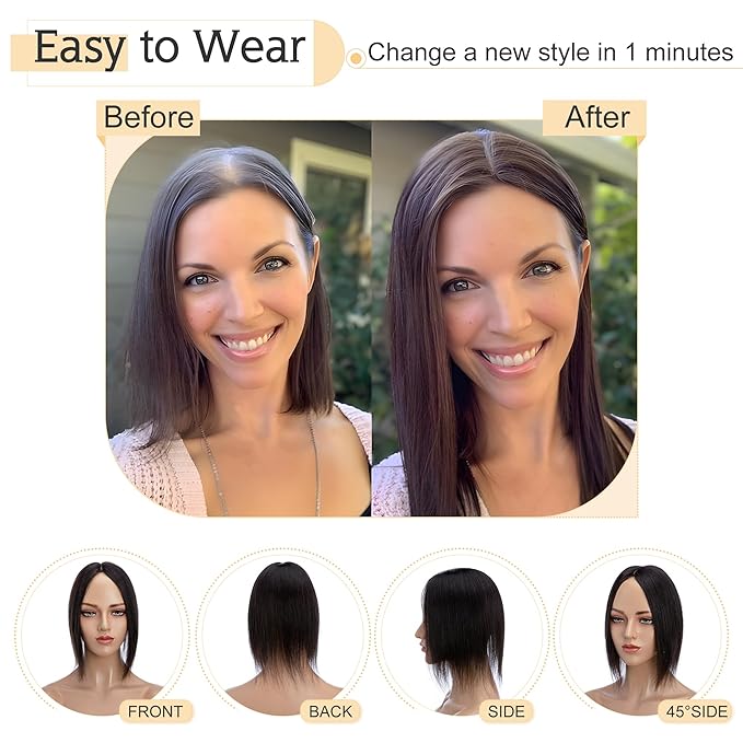 SEGO Human Hair Toppers for Women With Thinning Hair, 7 * 13CM Silk Base 100% Real Human Hair Clip in Top Wiglet Hairpieces /8 Inch No Bangs Natural Black