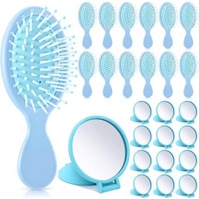 Meanplan 24 Pcs Mini Hair Brush Set 12 Travel Wet Dry Hair Combs Pocket Detangling 12 Compact Folding Makeup Mirrors for Spa Sleepover Birthday Bridal Shower Bachelorette Christmas Party Gift(Blue)