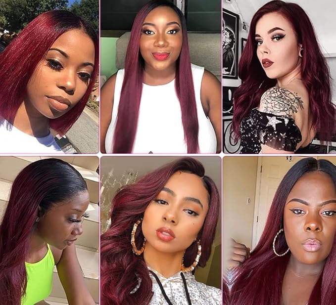 Ombre Bundles Human Hair Burgundy Straight Bundles 12 14 16 Inch Niegmeag 2 Tone Black and Red Bundle Double Weft 1B99J Straight Bundle Hair Weave 150g