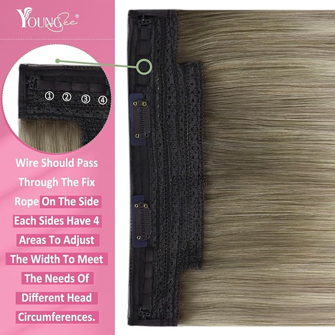 YoungSee Wire Hair Extensions Real Human Hair Ash Blonde Wire Human Hair Extensions Balayage Ash Mix Platinum Blonde One Piece Hair Extension with Extra Clips for Women 16inch 80g