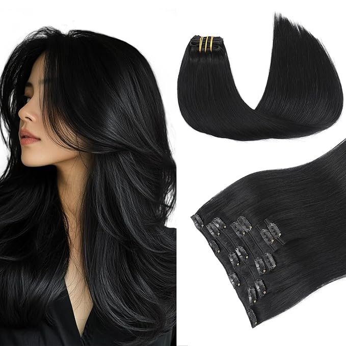PINKPEARL Clip in Hair Extensions Real Human Hair #1 Jet Black Human Hair Extensions Clip ins 18 inch Extensions Human Hair Clip 120g 7pcs Straight Thick Natural Human Hair(#1-18)