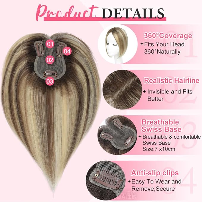Hair Toppers for Women Real Human Hair Topper for Women with No Bangs Hairpieces Comfortable and Breathable 10 Inch Swiss Base 3D 360°Cover (Ombre Light Brown with Blond Highlight, 10 Inch-3D-Side)