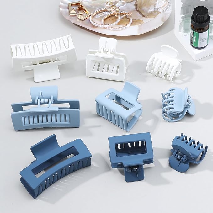 3 Style Blue Hair Claw Clips Set - 9 pcs Medium Rectangle and Square Clips for Thick and Thin Hair Women's Accessories