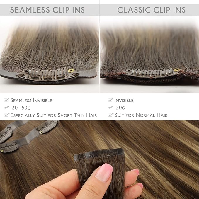 WENNALIFE Seamless Clip In Hair Extensions, 16 Inch 130g 7pcs Balayage Chocolate Brown to Caramel Blonde Hair Extensions Clip in Human Hair Invisible PU Skin Weft Natural Remy Human Hair Extensions