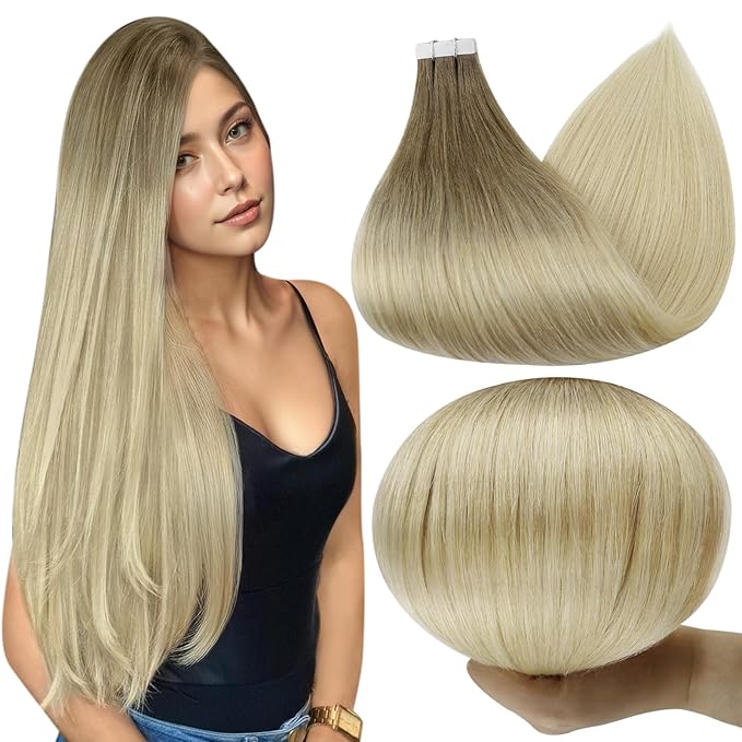 Full Shine Invisible Tape in Hair Extensions Human Hair 14 Inch Tape in Human Hair Extensions Color 3 Dark Brown and 8 Fading to 613 Bleach Blonde 20 Pcs 50G Double Sided Hair Extensions Tape in