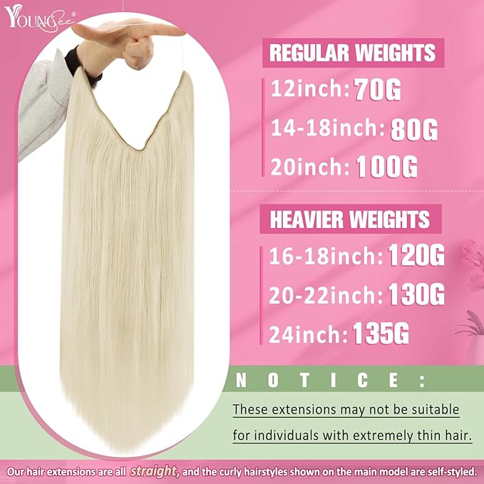 YoungSee Wire Hair Extensions Human Hair Platinum Blonde Wire Human Hair Extensions Blonde Can Be Dyed Fish Line Hair Extensions Real Human Hair 14Inch 80G