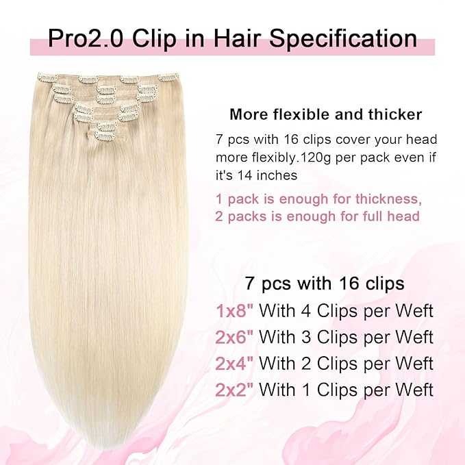 Pro2.0 Remy Clip in Extensions Real Human Hair Color #60 Platinum Blonde Remy Clip in Hair Extensions Real Human Hair 18inch 120g Thick 7pcs Seamless Double Weft for Women（#60-18inch）