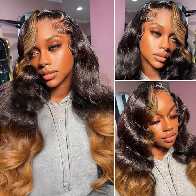 200% Density 13x6 Lace Front Wigs Human Hair Pre Plucked Body Wave HD Transparent Ombre Lace Front Wigs Glueless Wigs Human Hair 13x6 Balayage Wigs Human Hair Wig For Women 18inch