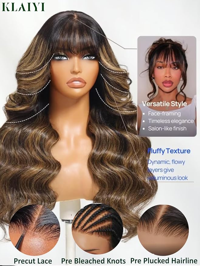 KLAIYI Ombre Brown Loose Body Wave Bye Bye Knots Glueless Precut 7x5 HD Lace Front Human Hair Bang Wig Drawstring Highlight Balayage Brown Pre Plucked Bleached 30S Ready to Wear and Go Wig 180% 16Inch