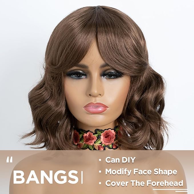 NOBLE Bob Wig with Bangs 12 Inches Synthetic Wavy Bob Wigs for Women Natural Looking Short Brown Wig Heat Resistant Fiber Hair for Daily Party Use