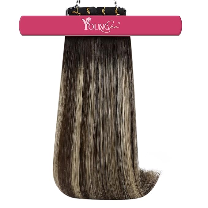 YoungSee Invisible Tape in Hair Extensions Balayage Tape in Hair Extensions Human Hair Dark Brown Balayage Blonde Real Hair Tapein Extension Human Hair for Long Hair 24Inch 20pcs 50g Easy to Apply