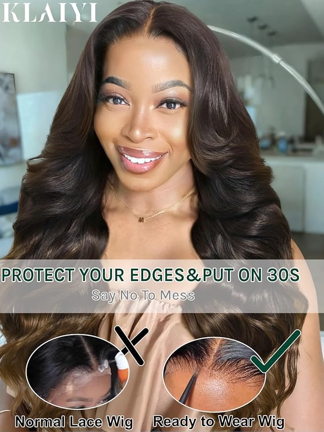 KLAIYI Ombre Brown Loose Body Wave 13x4Pre Everything Lace Frontal Chestnut Brown Drawstring Wig with Face Framing Layers Precut Lace Pre Plucked Bleached Bye Bye Knots Ready to Wear and Go Wig 18Inch
