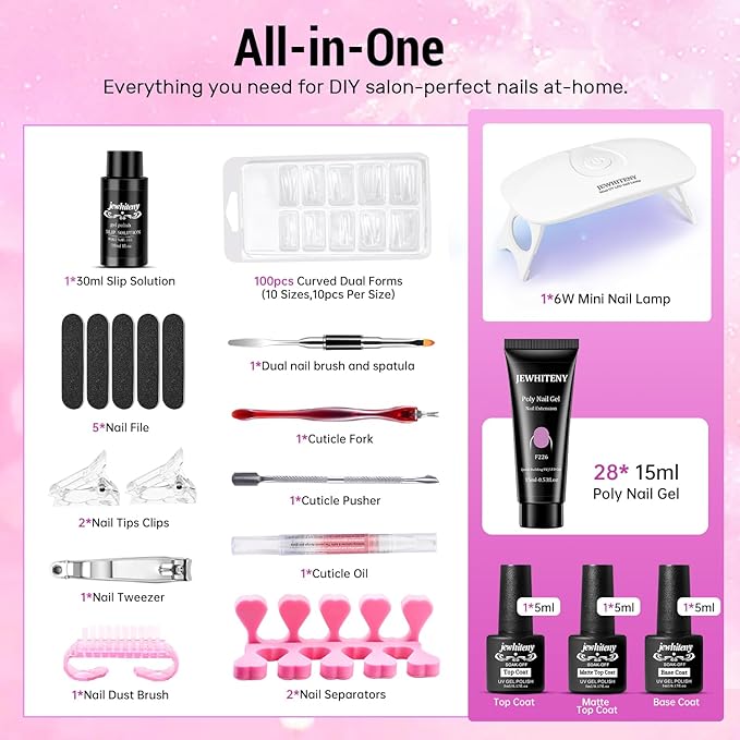 JEWHITENY Poly Gel Nail Kit 28 Colors Nude Gray Glitter with Nail Lamp Base Top Coats Builder Gel All-In-One Set Ideal for Designs DIY At Home Need U V Lamp Curing