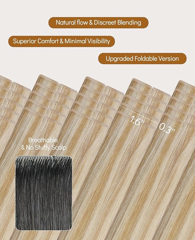 VINBAO Invisible Tape in Hair Extensions Human Hair Seamless Injected Tape in Hair Extensions Caramel Blonde Highlighted 60 Blonde Natural Blend 45g 20pcs 16inch #27P60