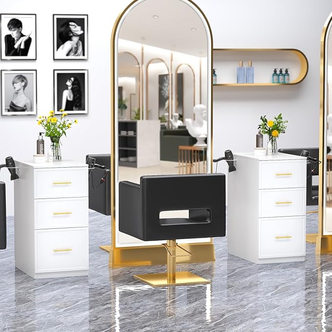OmySalon Salon Stations for Hair Stylist, Double-Sided Barber Station with 6 Drawers & 2 Dryer Holders, Modern Hair Styling Cabinet for Beauty Salon Barbershop, White