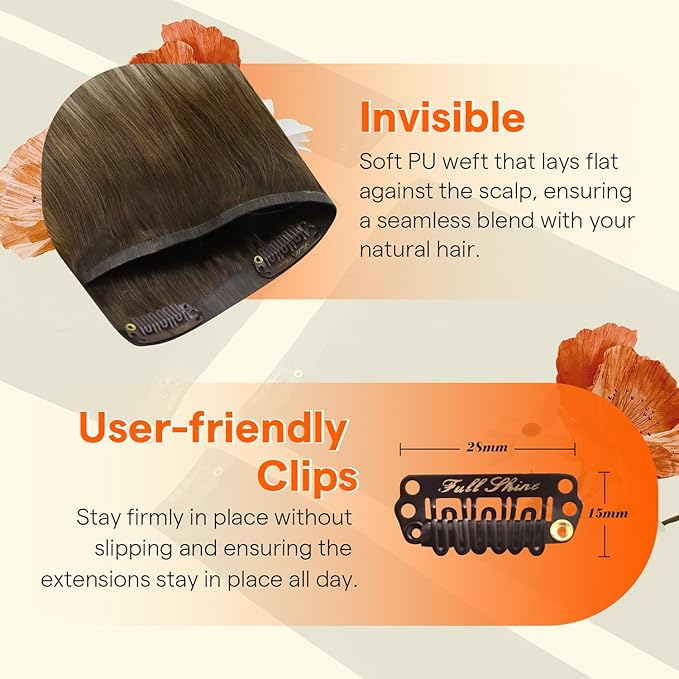 Full Shine Seamless Clip in Hair Extensions Real Human Hair, Darker Brown to Ash Brown Highlight Medium Blonde Clip in Extensions with PU Weft for Women, 4Pcs 16Inch 65 grams