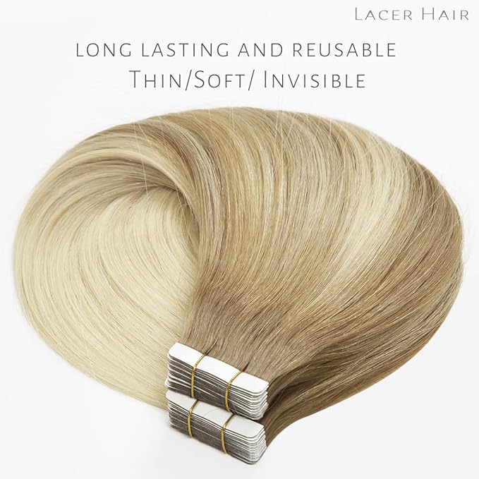 Lacer Hair Remy Tape in Human Hair Extensions Balayage #8/60 Light Brown to Platinum blonde Seamless PU Skin Weft Tape in Real Hair Extensions Double Side 50g 20pcs/set 14 inch