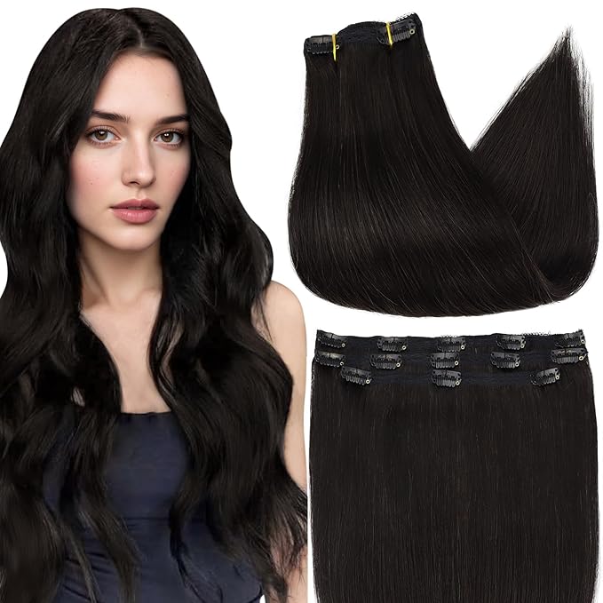 Full Shine Black 14 Inch Real Hair Clip in Extensions Human Hair Lace Weft Clip ins Hair Extension Natural Black Brazilian Silky Hair Clip in for Thin Hair 60 G 3 PCS