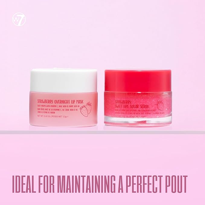 W7 Sweet Dreams Lip Scrub & Overnight Lip Mask Duo - 2Pcs Set - Strawberry Flavour - Exfoliate, Condition, Soothe & Hydrate