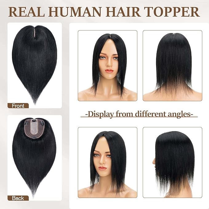Rich Choices Hair Toppers for Women Real Human Hair 100% Human Remy Toppers NO Bangs for Women with Thinning on Top Clip in Hairpiece 4"x4.7"Lace Base 16 Inch #1 Jet Black
