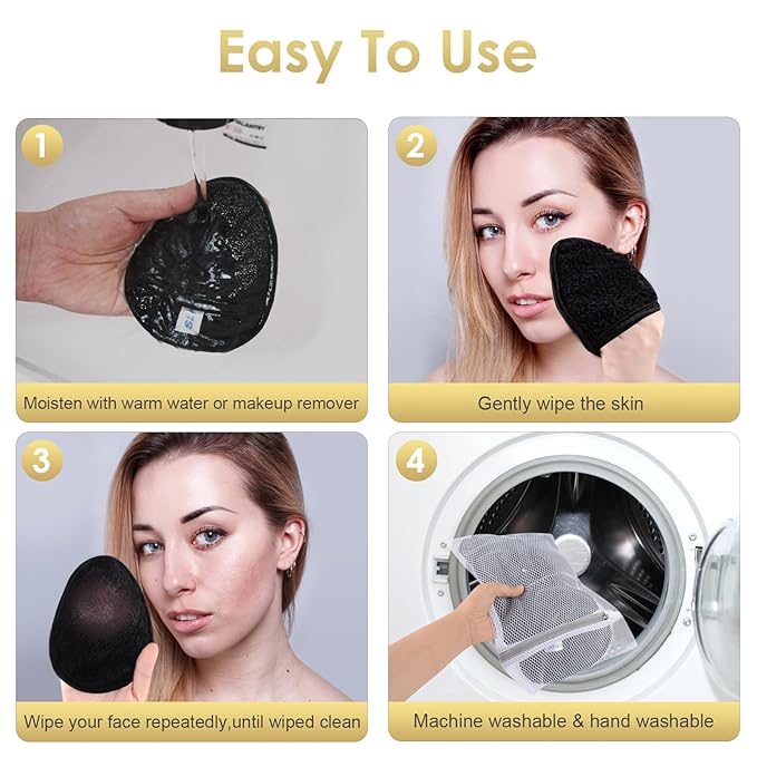 SINLAND Reusable Makeup Remover Pads For Face,Eye,Lips Microfiber Gentle Facial Cleansing Cloths for All Skin Types Friendly for Makeup Remover With Laundry Bag Black Pack of 6