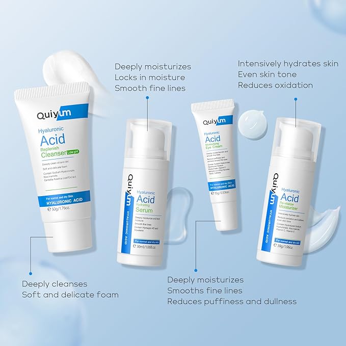 Hyaluronic Acid Skin Care Set, Hydration Kit for Women Teen Girls, Low pH Cleanser, Moisturizer, Serum, Eye Cream, Anti Aging, Firming, Travel Size Facial Care Gift Set for Dry Sensitive Skin