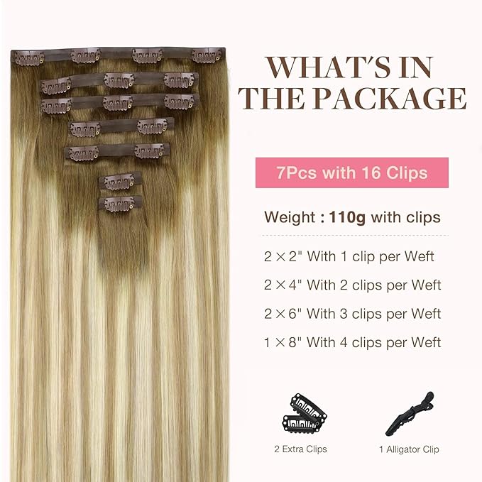 GOO GOO Clip in Hair Extensions Real Human Hair, Remy Human Hair Extensions Clip ins for Women, Natural Human Hair, 20inch 110g 7Pcs, 5A/90/16F Bahamian Balayage