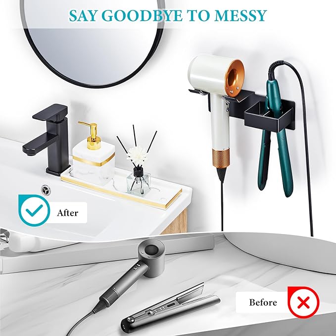 Hair Dryer Holder, Hair Straightener Holder Wall Mount, Hair Tool Organizer, Hairdryer and Straightener Holders, Adhesive Hair Tool Storage for Blow Dryer, Curling Iron, Flat Iron Stand (Black)