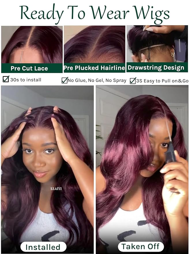 KLAIYI Black Cherry Loose Body Wave Bye Bye Knots Glueless Wig 7x5Precut Lace Front Wigs Human Hair Drawstring Pre Plucked Bleached 30S Ready to Wear and Go Wig with Face Framing Bangs Burgundy 20Inch