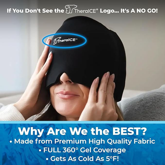 TheraICE Headache Relief Cap, Migraine Ice Pack Mask Products, Women Cooling Gel Hat, Face Cold Compress Head Wrap for Her Stress. Great Birthday Gift for Mom, Sister, Grandma, Girlfriend, & Teacher