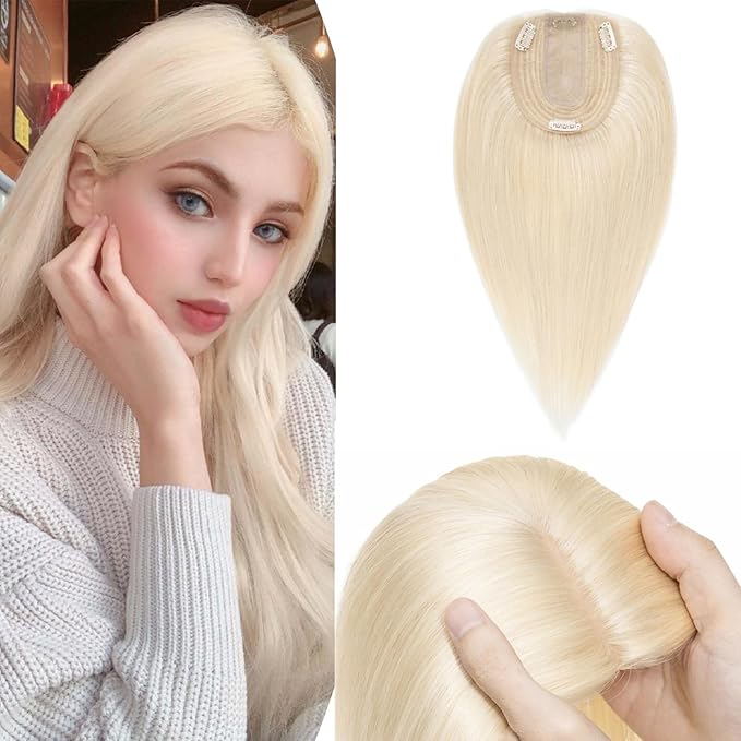 Rich Choices Hair Toppers for Women Real Human Hair 100% Human Remy Toppers NO Bangs for Women with Thinning on Top Clip in Hairpiece 4"x4.7"Lace Base 14 Inch #60 Platinum Blonde