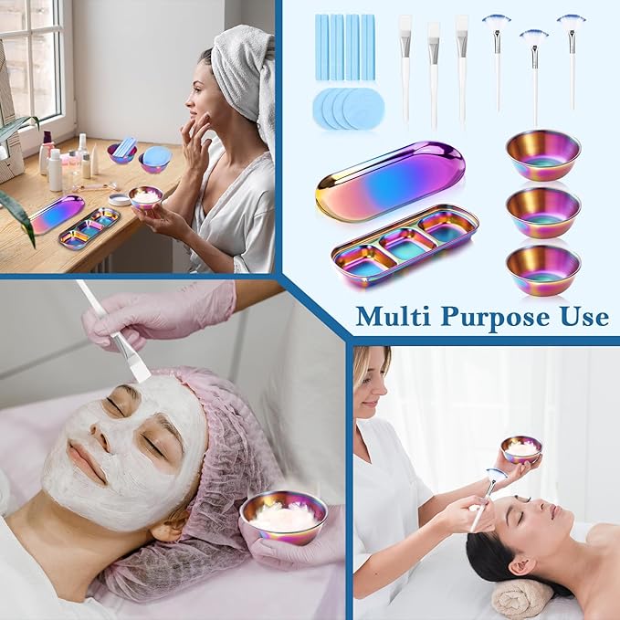 23 Rainbow Esthetician Facial Supplies 3 Stainless Steel Face Mask Mixing Bowls 3 Fan Brushes Esthetician 3 Facial Flat Brushes Skincare Tray 3-Compartment Serving Tray 12 Compressed Facial Sponges