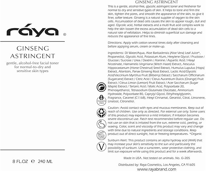 RAYA Ginseng Astringent with AHA 6 oz (G-205) | Gentle Glycolic Facial Toner for Dry and Sensitive Skin | Helps Tighten Pores, Smooth Complexion, and Reduce Fine Lines | Made with Alpha Hydroxy Acids