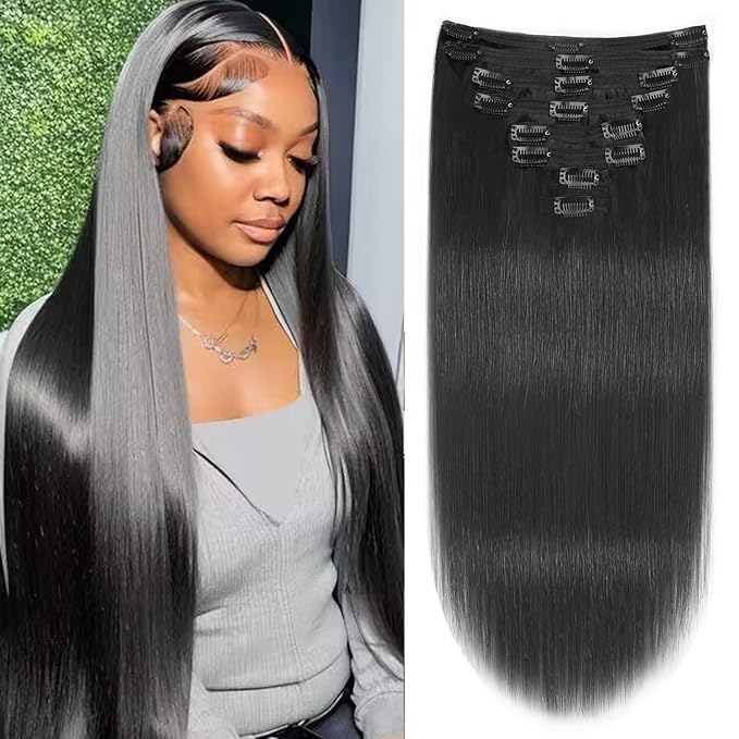 Straight Clip in Hair Extensions Real Human Hair For Women EasiContour Brazilian Virgin Hair Straight Clip ins 8pcs With 18 Clips 120g(26inch,#1B)