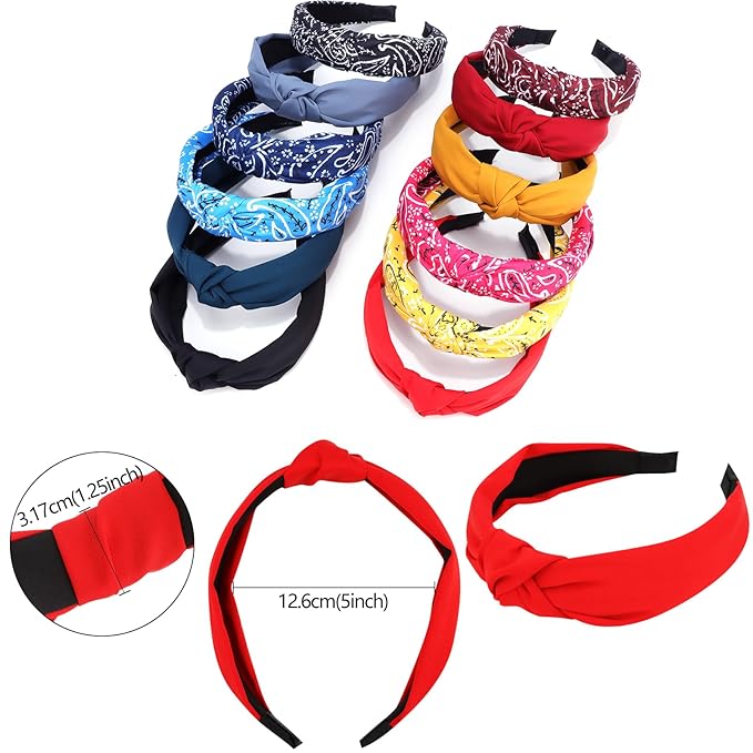 VELSCRUN Bandana Knotted Headbands for Women 12 Pack Gilrs Fashion Head Bands Solid Womens Hair Band Non Slip for Thin Thick Short Hair Face Wash Hair Accessories