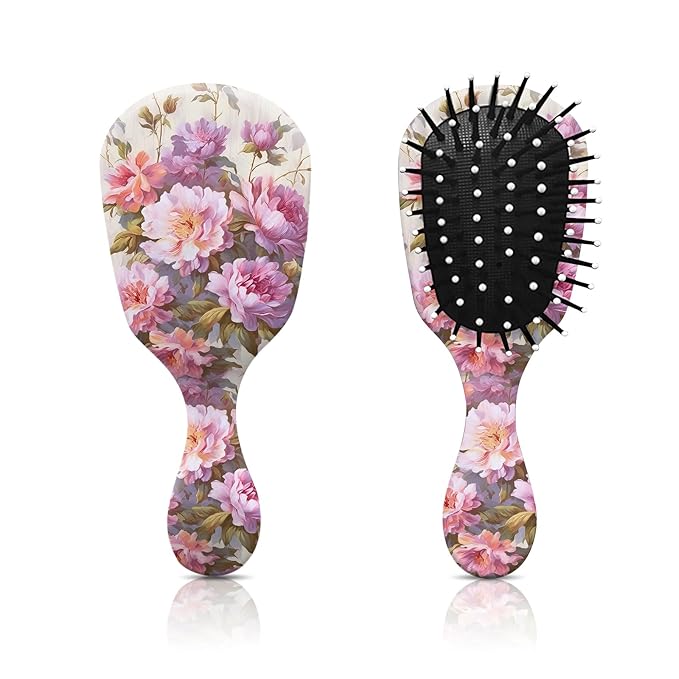 Mini Hair Brush,Cute Detangling Travel Hair Brush,Soft Bristles for Effortless Tangle Removal,Detangler Hairbrush for Women Men Boys Girls Kids Wet Dry All Hair Types (Pink Flowers, Mini)