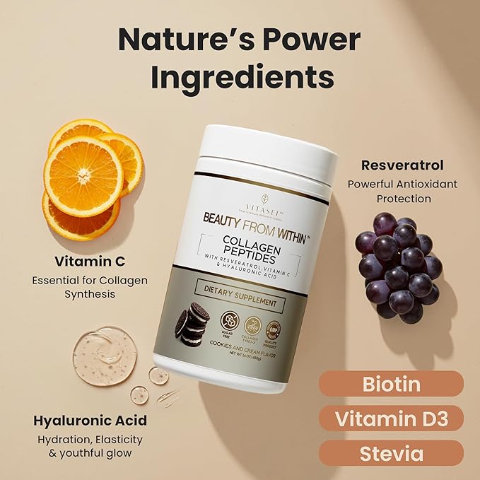 VITASEI Hydrolyzed Collagen Peptides Powder with Resveratrol & Vitamin C – Hair, Skin & Joint Support – Colágeno Hidrolizado for Women & Men – Delicious Cookies & Cream Flavor, 16 oz (30 Servings)