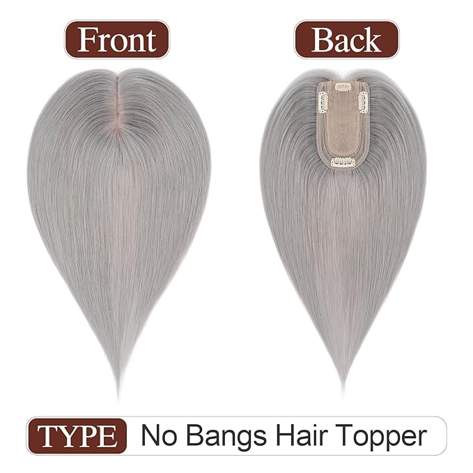 SEGO Hair Topper for Women, No Bangs Real Human Hair Topper with Anti-Slip Clips (14 Inches #Grey)