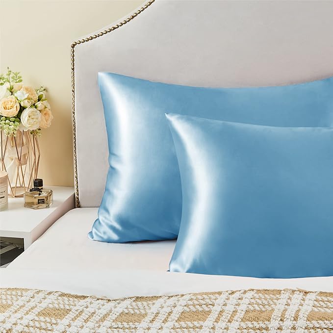 BEDELITE Satin Pillowcase with Zipper, Blue King Size Pillow Cases Set of 2, Super Soft and Cooling Similar to Silk Pillow Cases, Gift for Women Men(20x40 Inches)